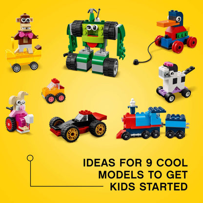 LEGO Classic Bricks and Wheels set showcasing 9 colorful models for kids' creativity and play, including cars and animals.