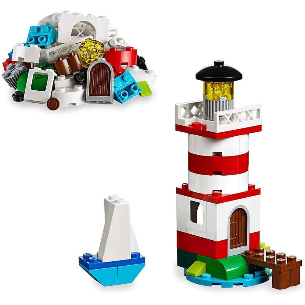 LEGO Classic Creative Bricks set showing colorful bricks, a lighthouse, and a boat for open-ended play.