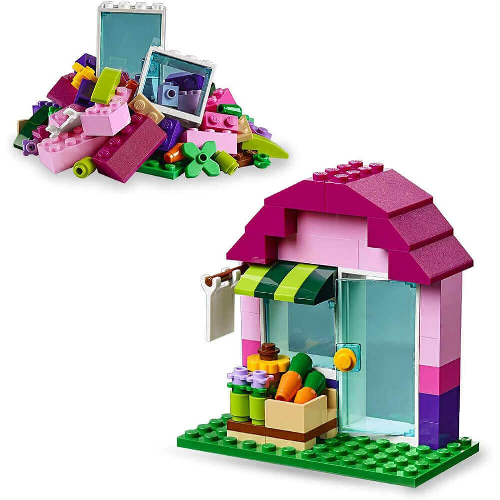 Colorful LEGO Classic Creative Bricks set showcasing a flower shop build and assorted bricks for creative play.