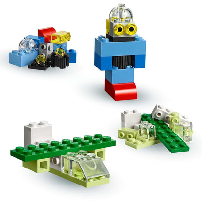 Colorful LEGO® Classic Creative Suitcase builds showcasing unique shapes and designs for creative play.