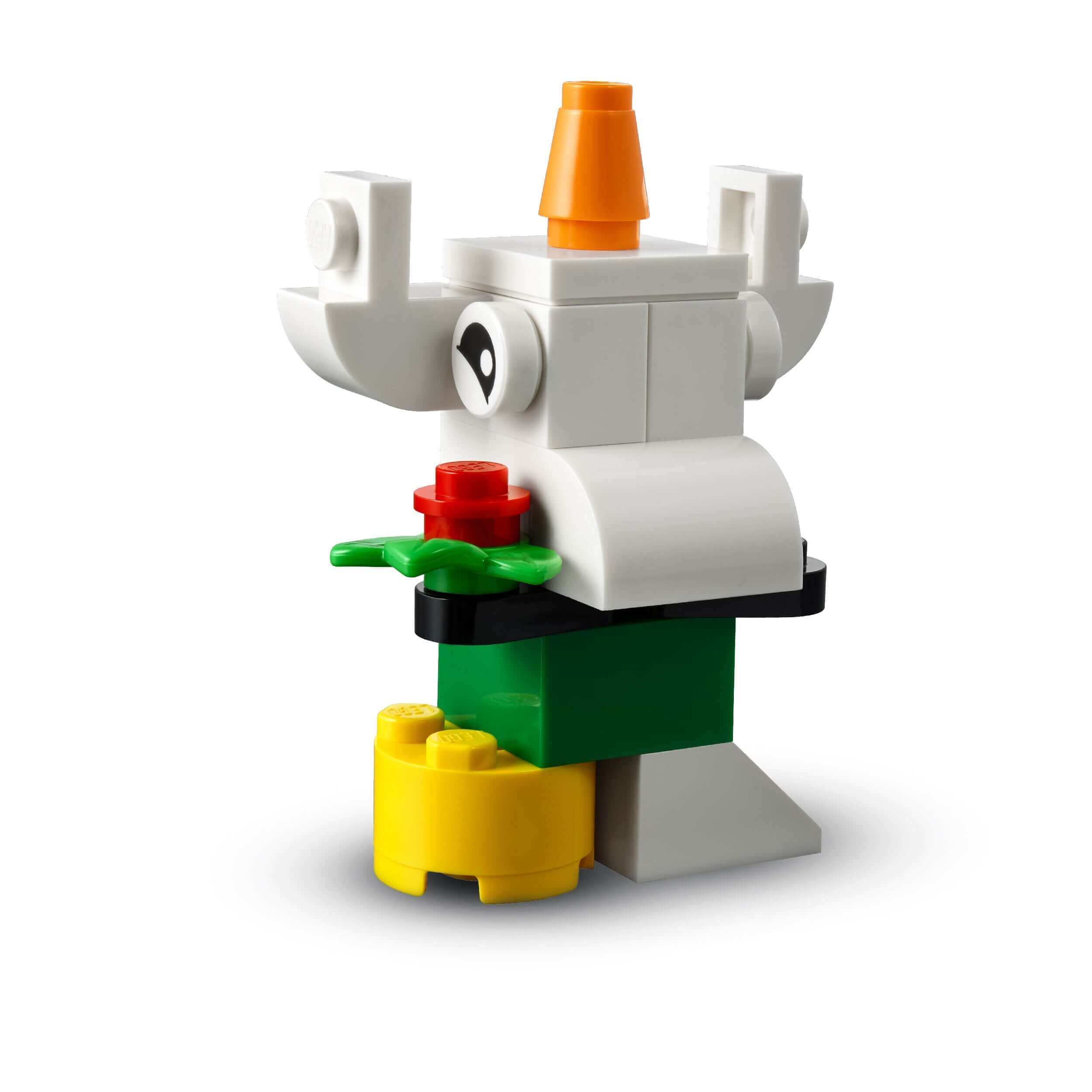 LEGO Classic Creative White Bricks Set 11012 model of a whimsical character with flowers, perfect for imaginative play.