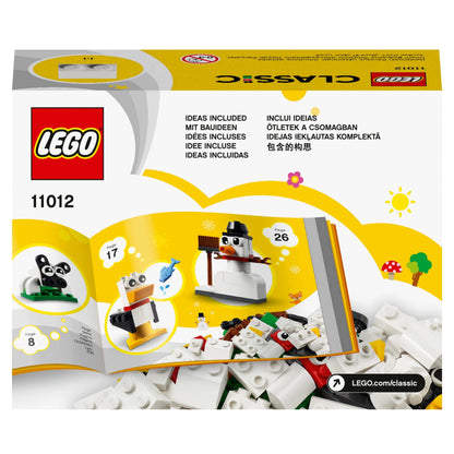 LEGO Classic Creative White Bricks Set 11012 packaging showcasing building ideas for kids aged 4 and up.