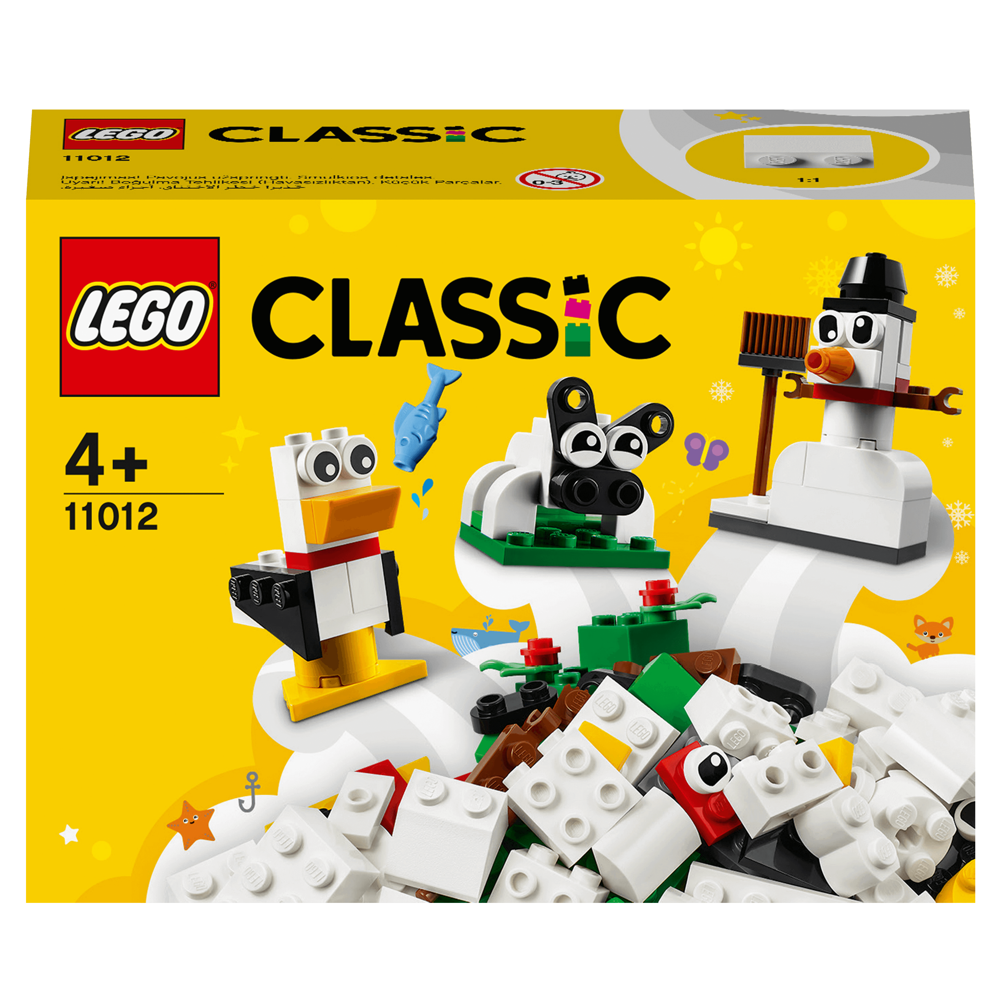 LEGO Classic Creative White Bricks Set 11012 for kids aged 4+, featuring fun white brick toys like a snowman and sheep.