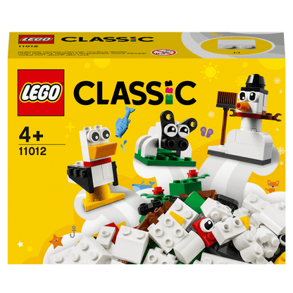 LEGO Classic Creative White Bricks Set 11012 for kids aged 4+, featuring fun white brick toys like a snowman and sheep.