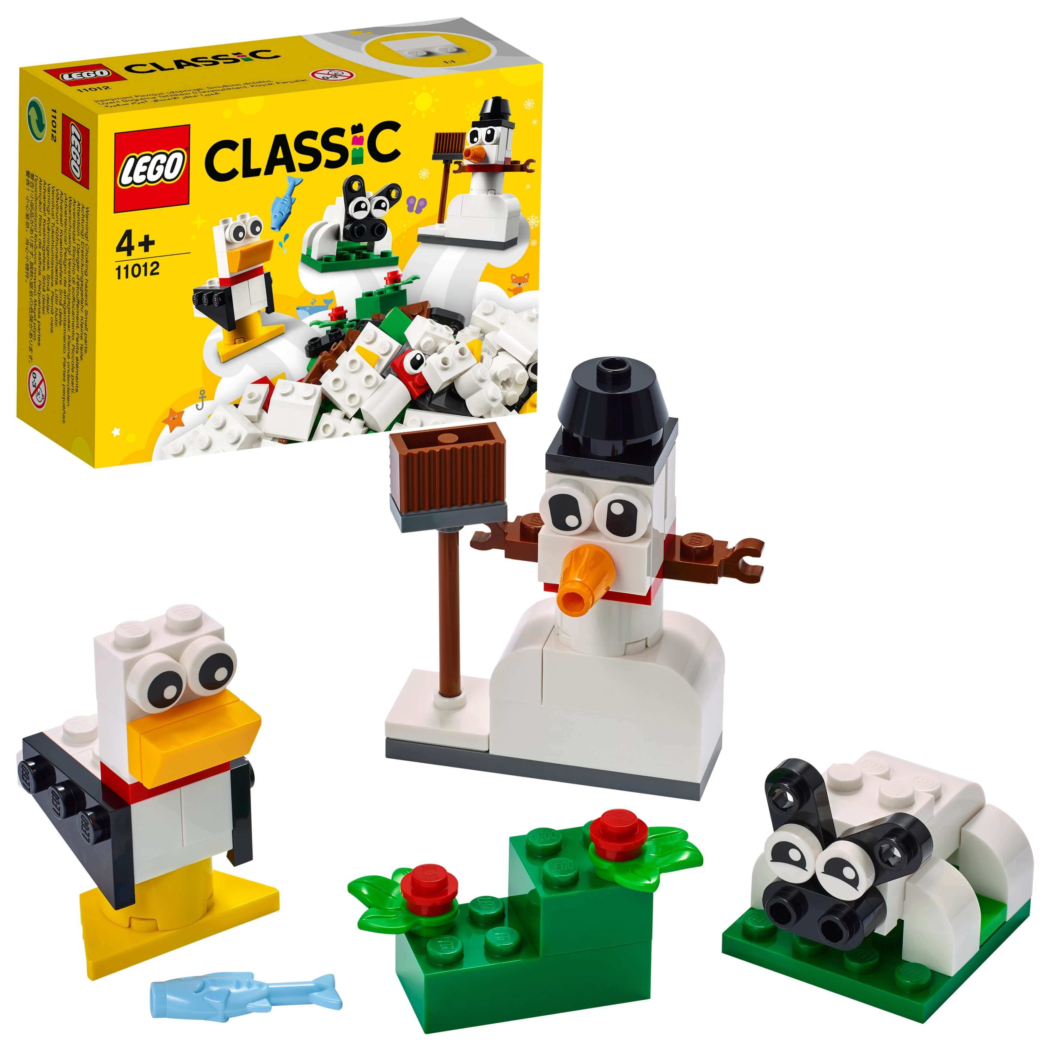 LEGO® Classic Creative White Bricks Set 11012 featuring a snowman, sheep, and seagull for kids aged 4 and up.