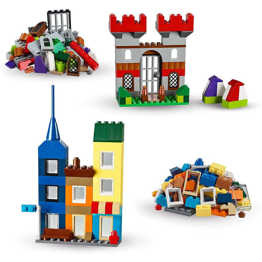 LEGO Classic Large Creative Brick Box set showcasing colorful brick builds, including a castle and a vibrant house design.