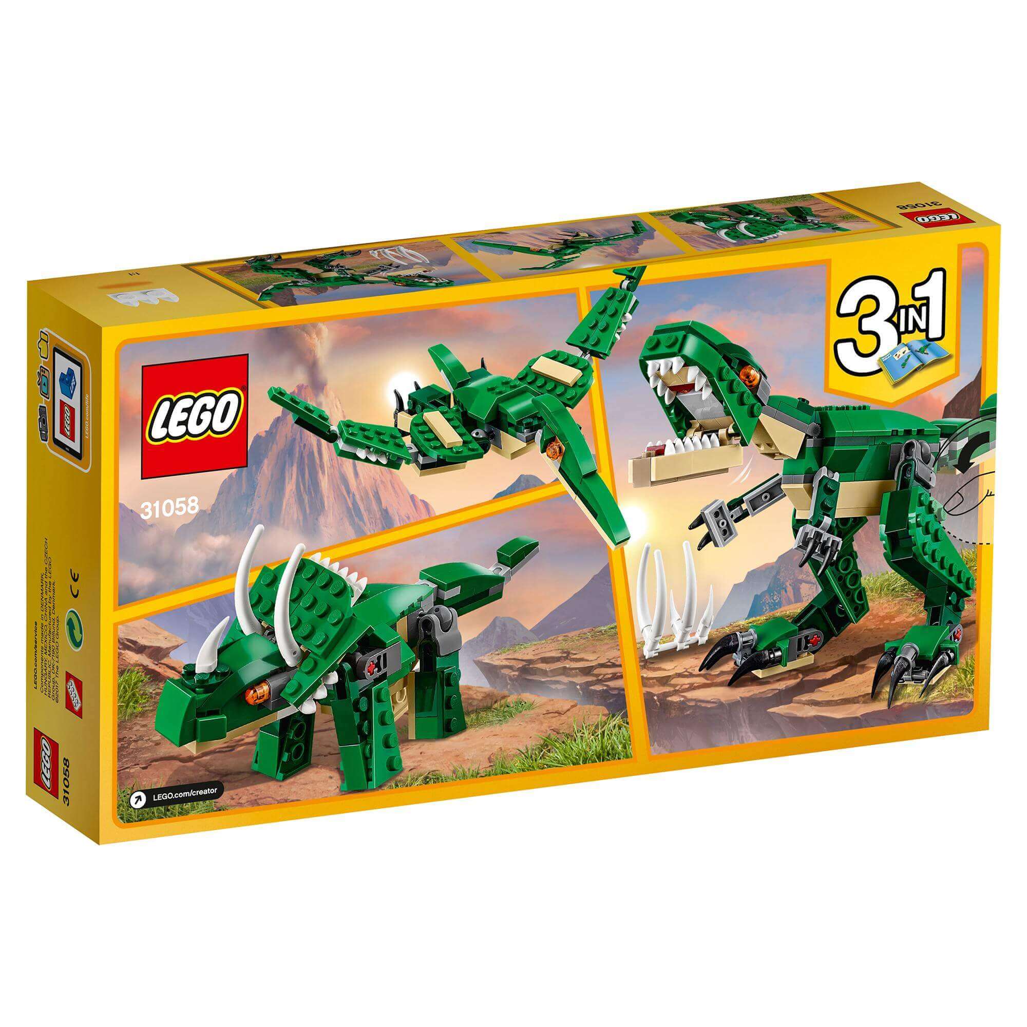 LEGO Creator 3in1 Mighty Dinosaurs Model Set 31058 showcasing T-Rex, Triceratops, and Pterodactyl designs.