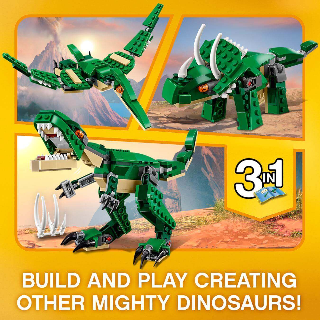 LEGO Creator 3in1 Mighty Dinosaurs set showing T-Rex, Triceratops, and Pterodactyl models for creative play.