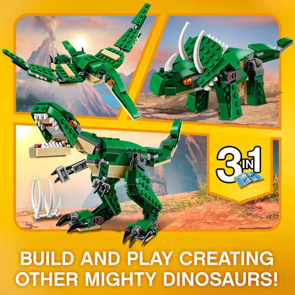 LEGO Creator 3in1 Mighty Dinosaurs set showing T-Rex, Triceratops, and Pterodactyl models for creative play.