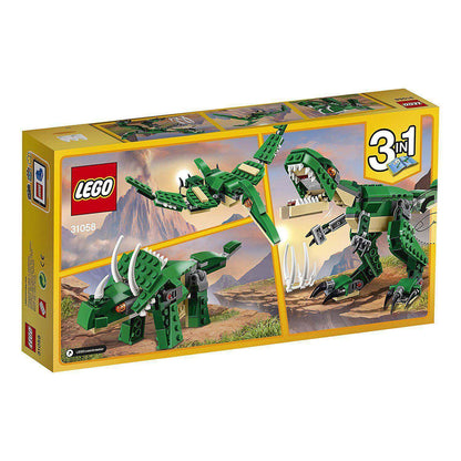 LEGO Creator 3in1 Mighty Dinosaurs set 31058 with T-Rex, Triceratops, and Pterodactyl models in packaging.
