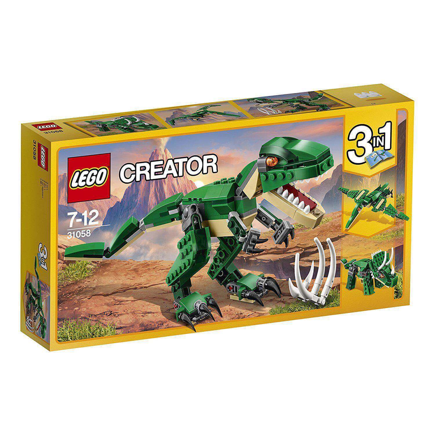 LEGO Creator 3in1 Mighty Dinosaurs Model Set 31058 with T-Rex, Triceratops, and Pterodactyl designs.
