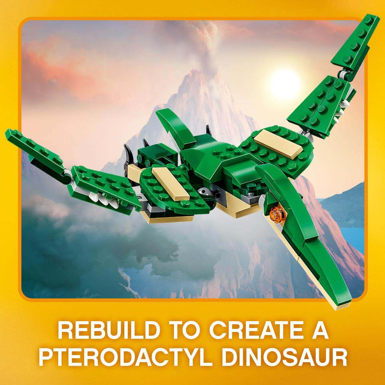 LEGO® Creator 3in1 Mighty Dinosaurs Pterodactyl model, featuring green wings and detailed design, perfect for imaginative play.