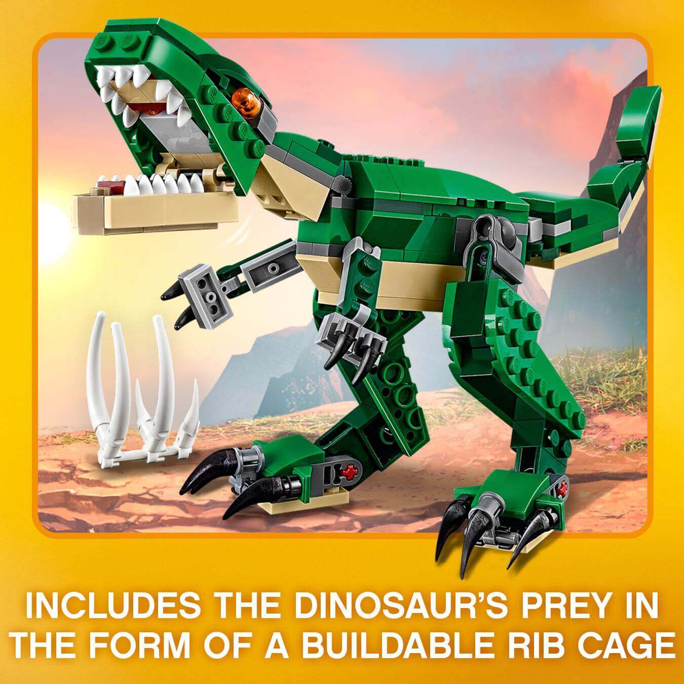 LEGO Creator Mighty Dinosaurs T-Rex model set 31058 with buildable rib cage prey, highlighting its posable joints and claws.