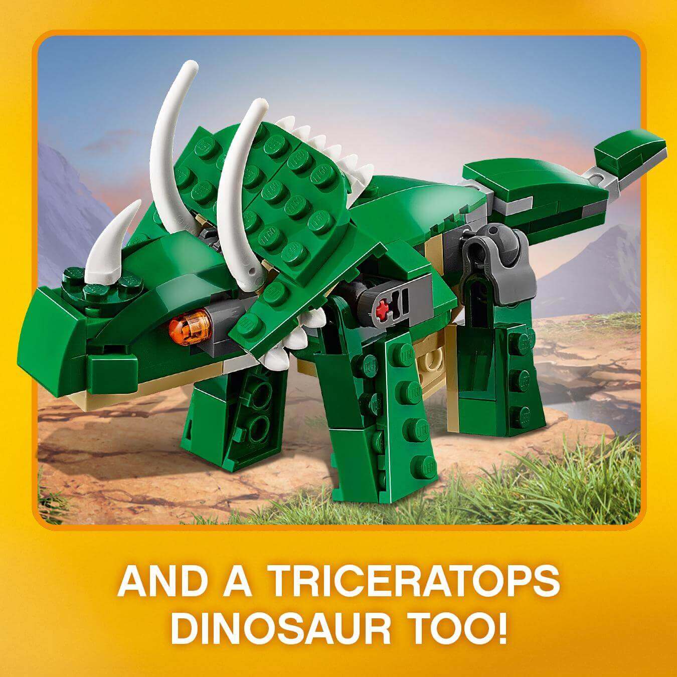 LEGO Creator 3in1 Triceratops dinosaur model set 31058 with posable features and colorful design.