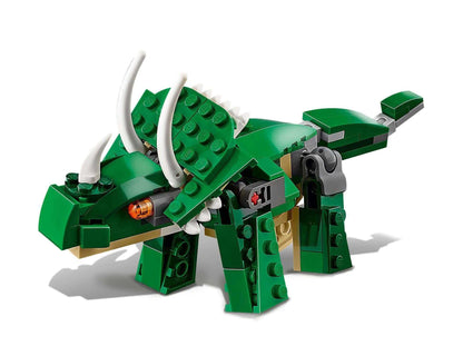 LEGO Creator 3in1 Mighty Dinosaurs Triceratops model set 31058 in green with detailed features and movable joints.