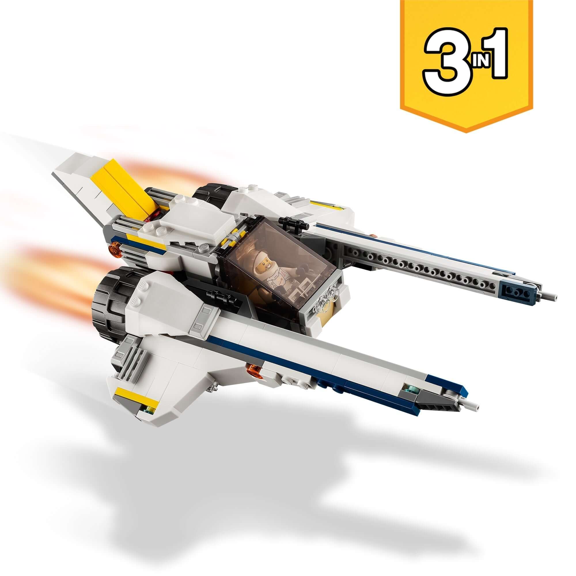 LEGO Creator 3in1 Space Rover Explorer set 31107, flying space vehicle with flames, perfect for young space fans.