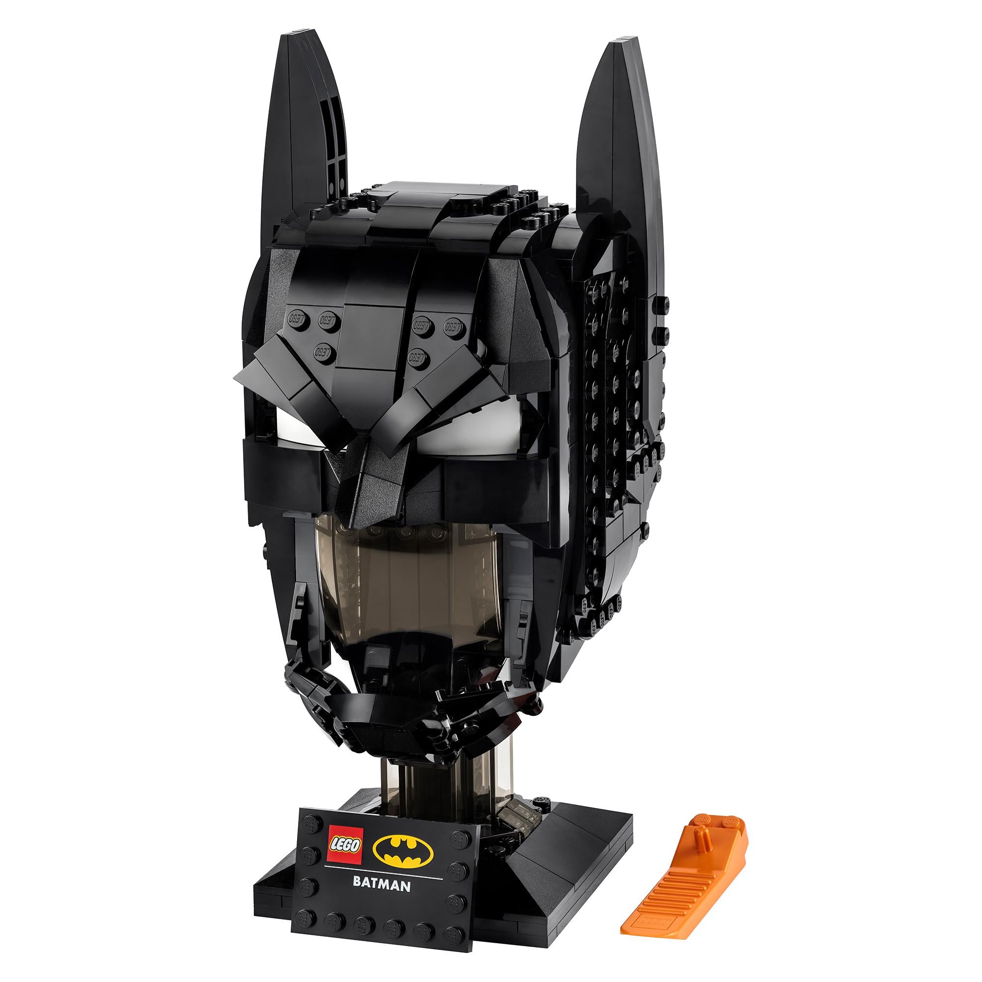 LEGO® DC Batman: detailed Batman cowl set for adults, featuring iconic design and display stand.