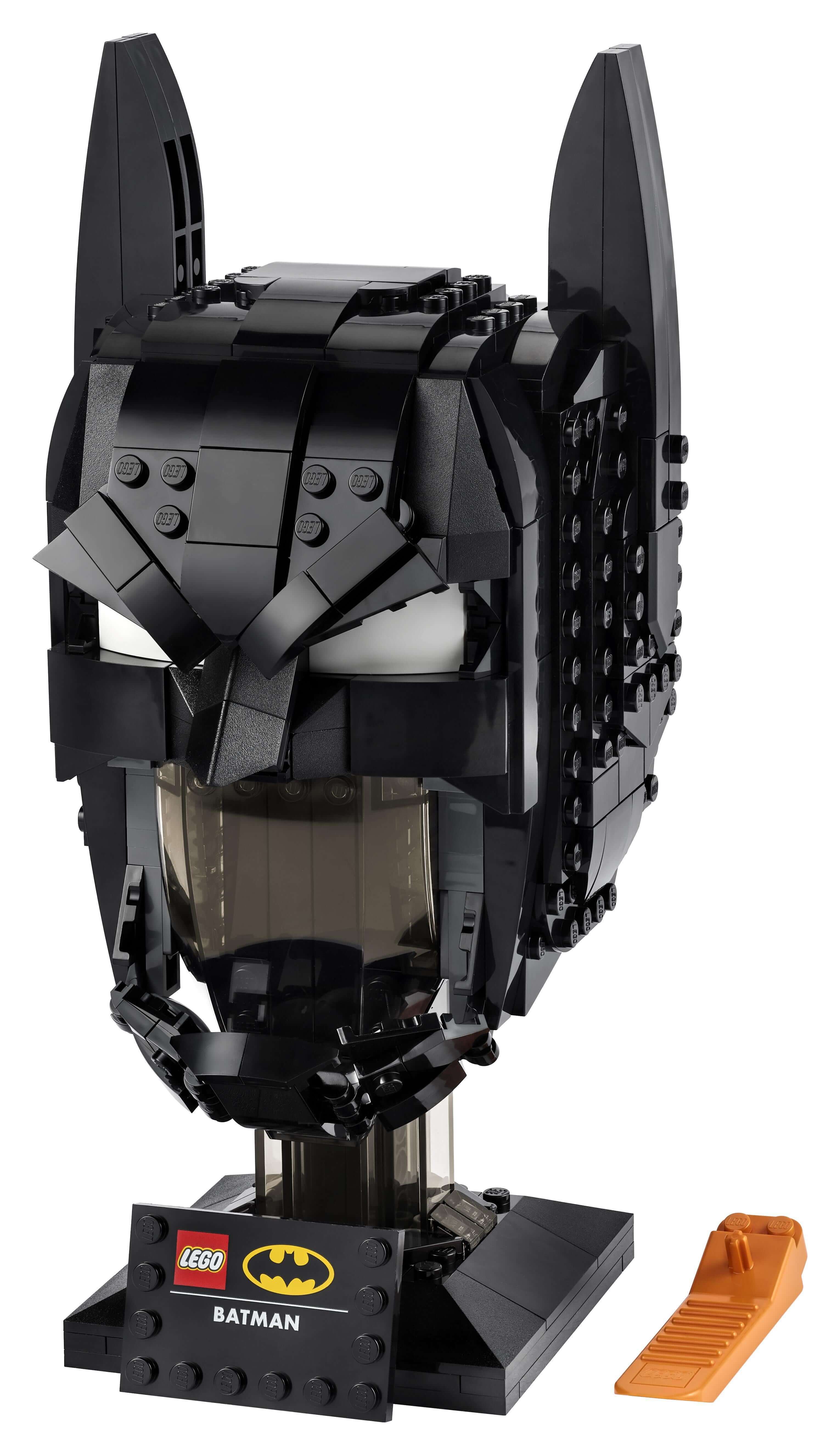 LEGO DC Batman Cowl Set for Adults 76182, intricately designed Batman mask model with display base.
