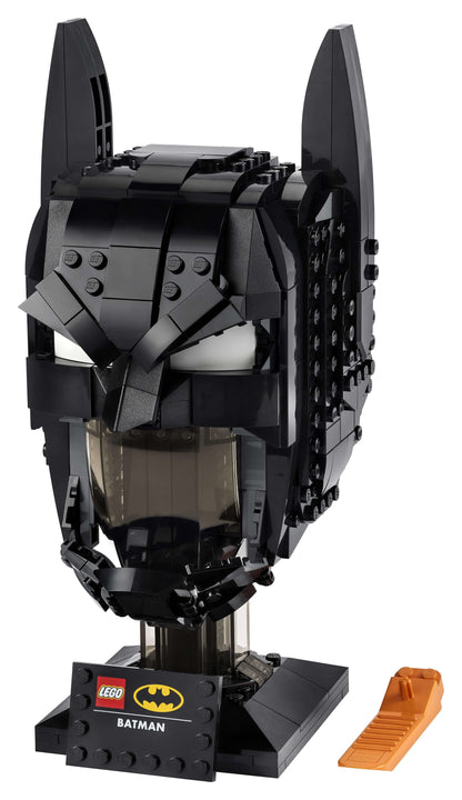 LEGO DC Batman Cowl Set for Adults 76182, intricately designed Batman mask model with display base.
