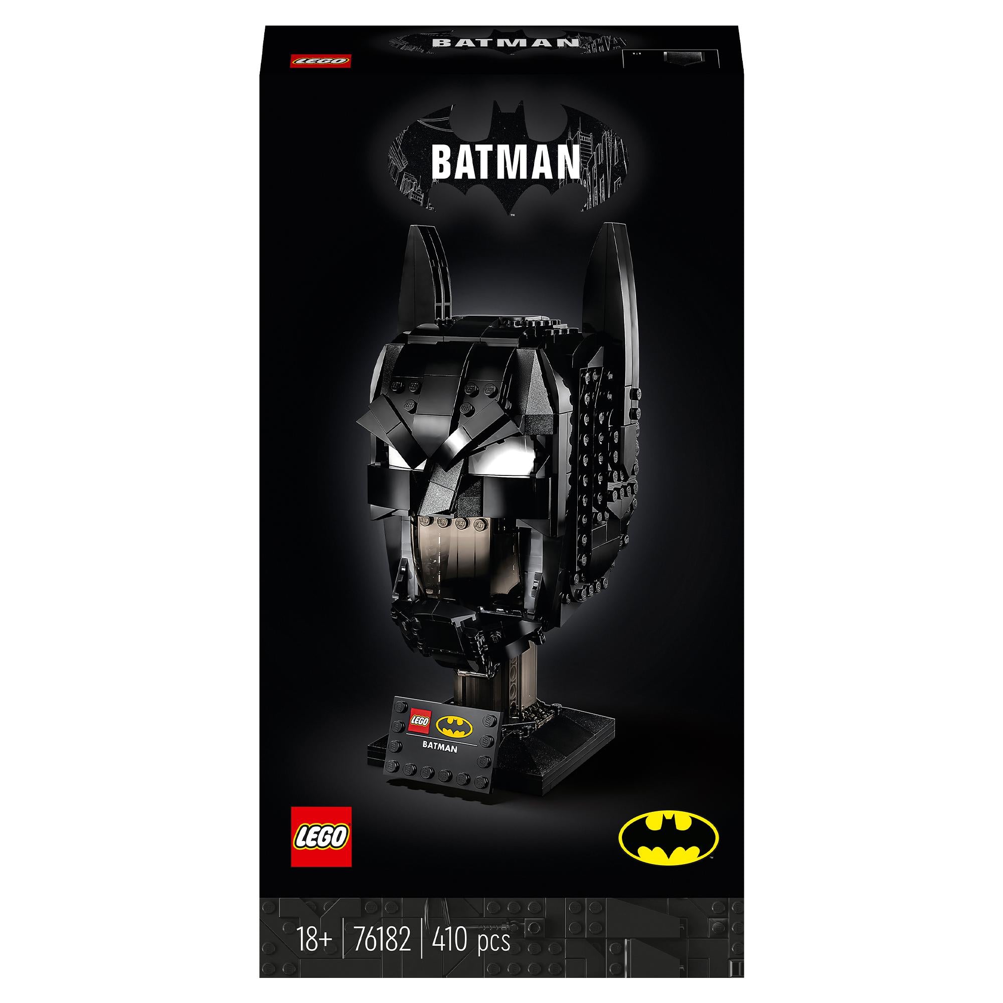 LEGO® DC Batman cowl set for adults, model 76182, featuring detailed black design and iconic shape for collectors.