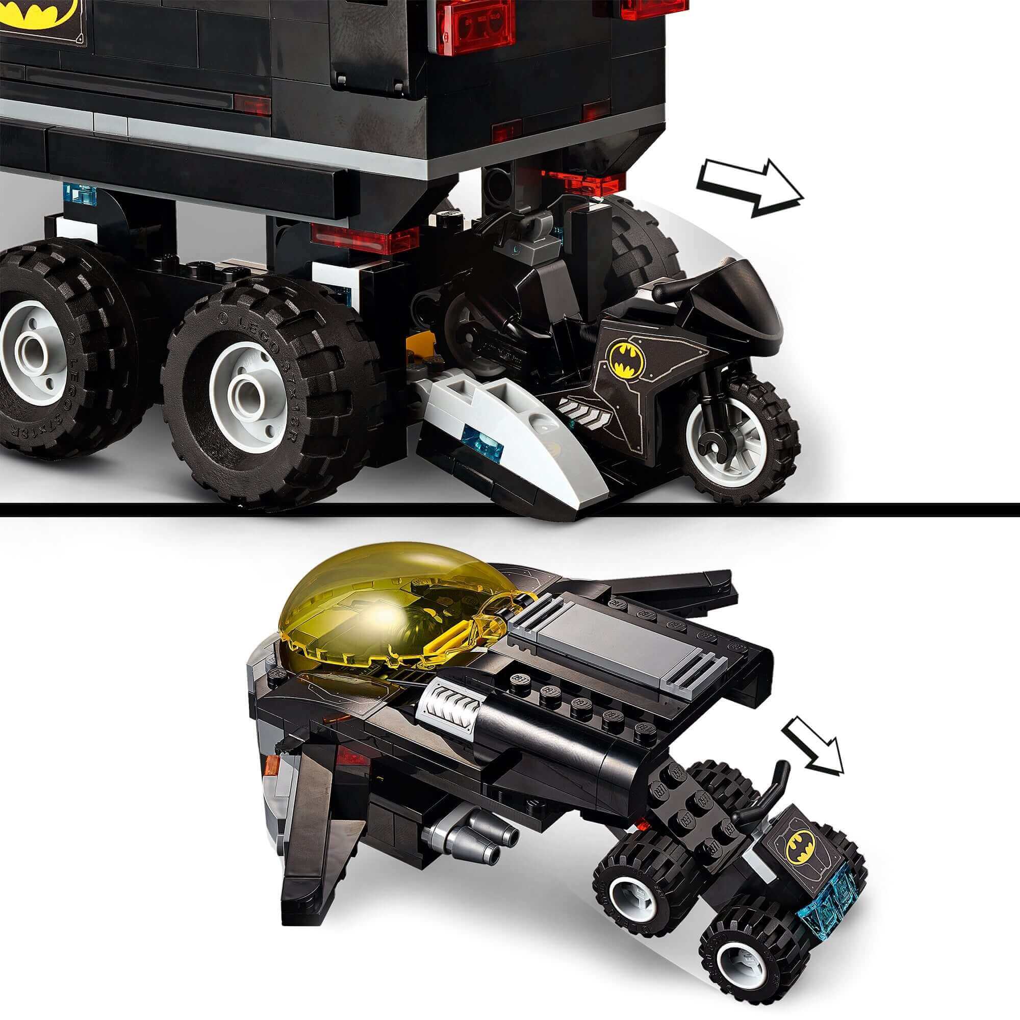 Detail of LEGO® DC Batman Mobile Bat Base Truck Toy 76160 featuring detachable Batcycle and Batmobile vehicles.