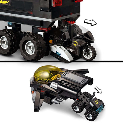 Detail of LEGO® DC Batman Mobile Bat Base Truck Toy 76160 featuring detachable Batcycle and Batmobile vehicles.