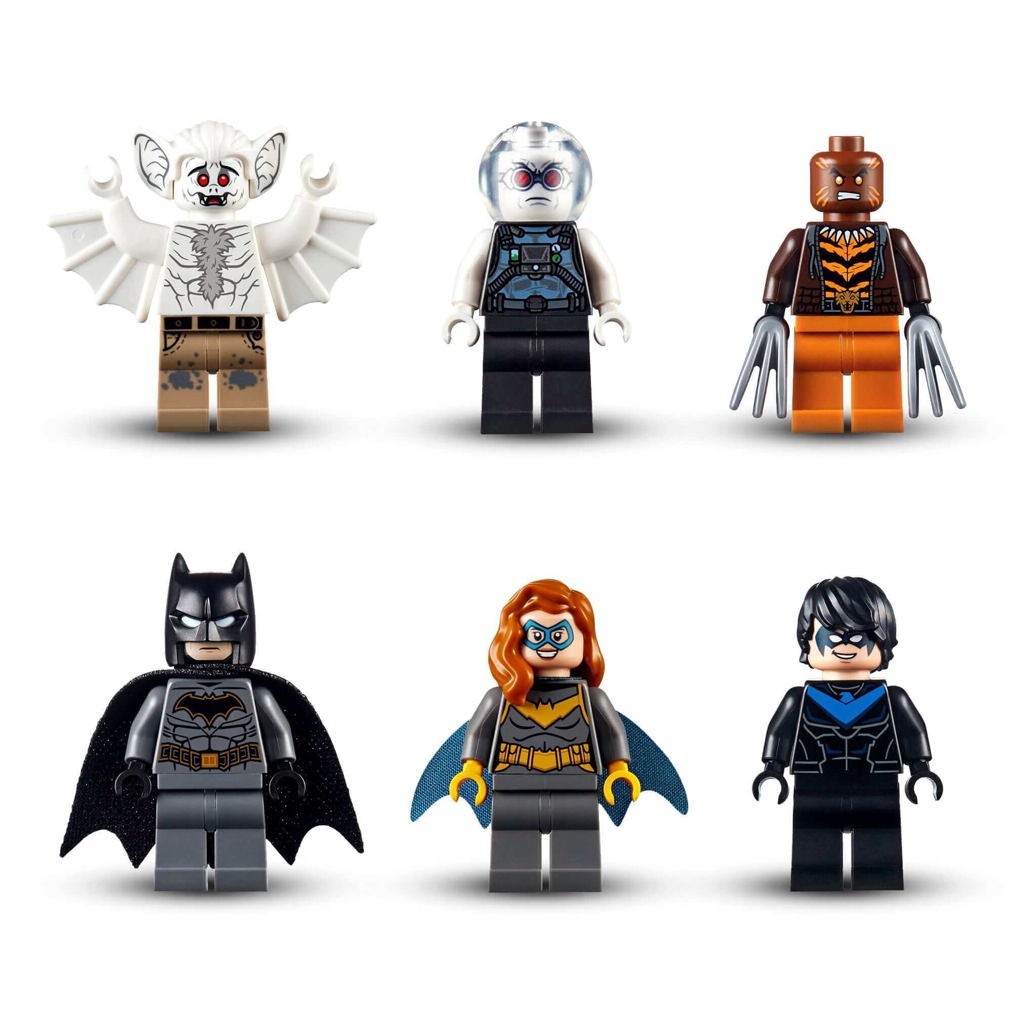 LEGO DC Batman Mobile Bat Base Truck Toy minifigures, including Batman, Batgirl, and villains, showcasing various characters.