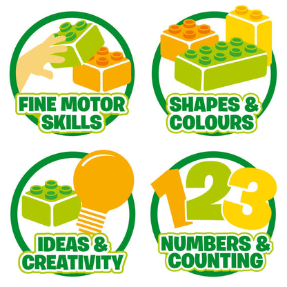 Four colorful icons representing LEGO skills: fine motor skills, shapes and colors, ideas and creativity, and numbers and counting.