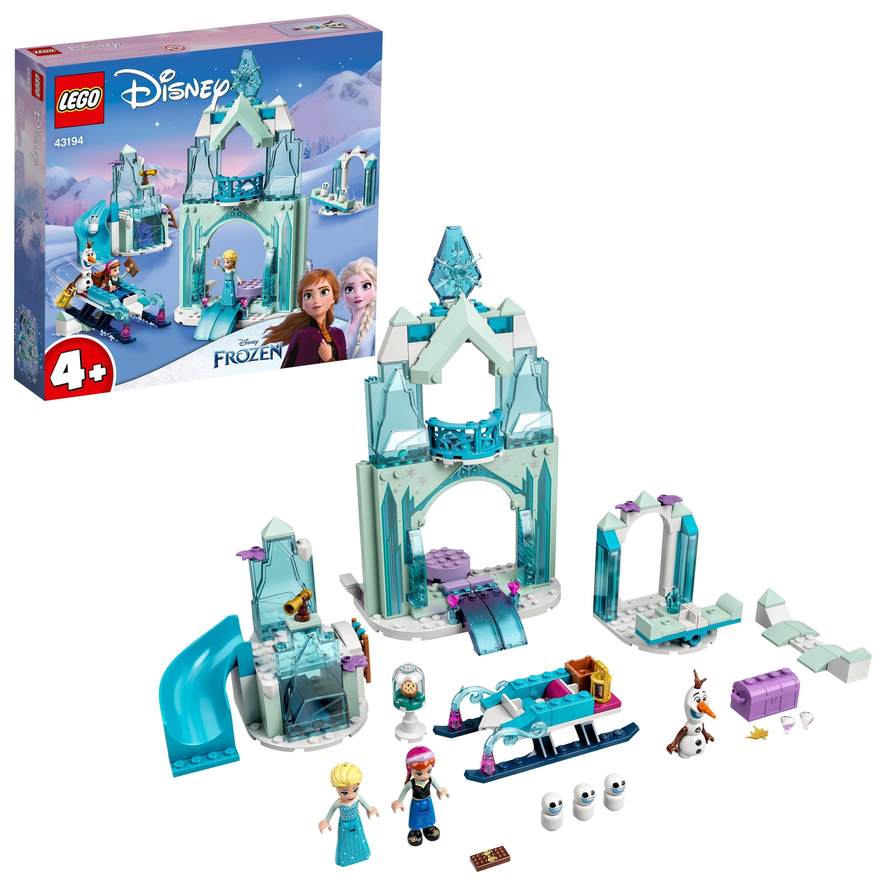 LEGO Disney Anna and Elsa’s Frozen Wonderland set 43194 with ice castle, mini-dolls, and accessories for kids.