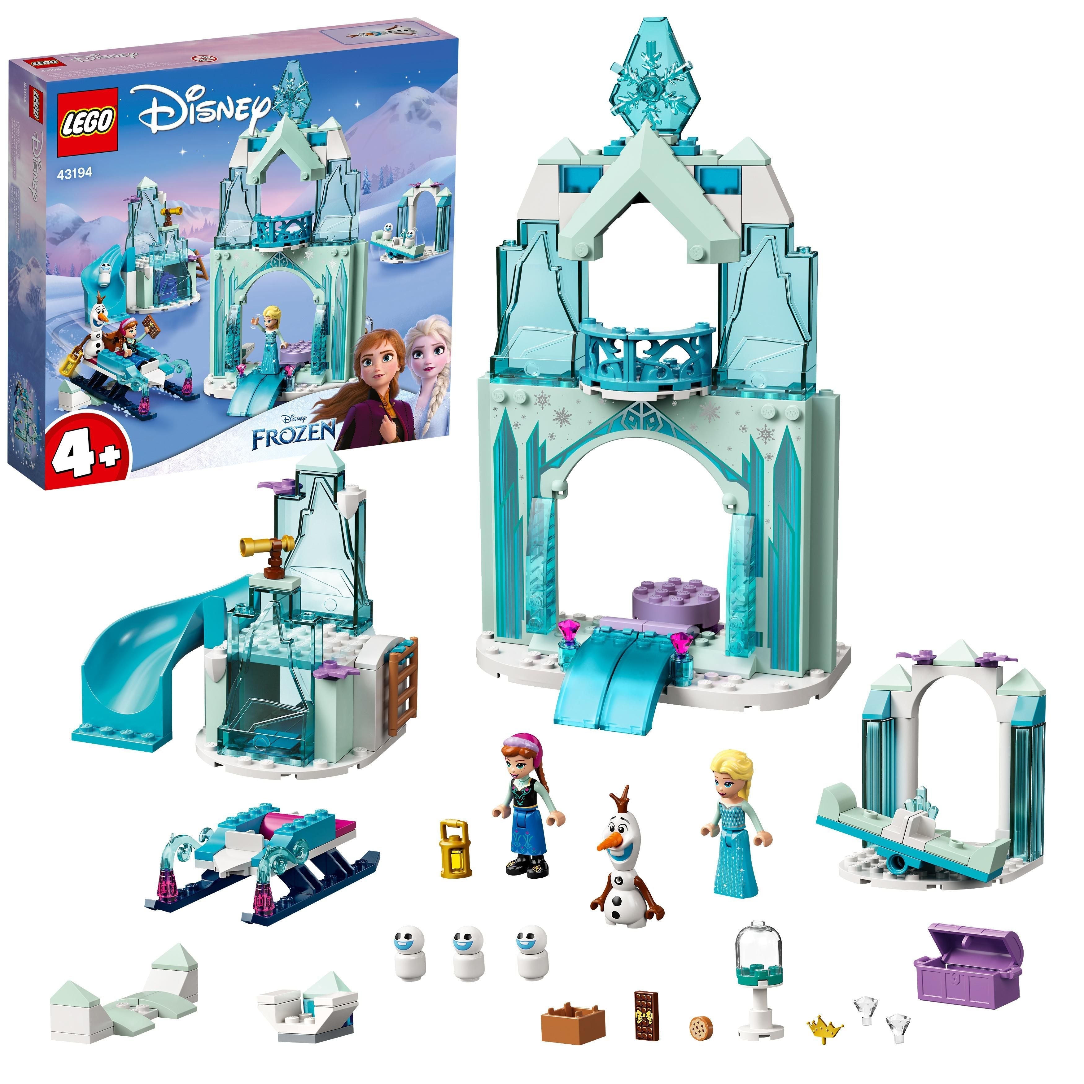 LEGO Disney Anna and Elsa's Frozen Wonderland 43194 set with ice castle, mini-dolls, and accessories for kids.