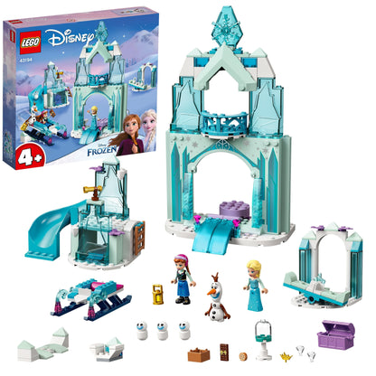 LEGO Disney Anna and Elsa's Frozen Wonderland 43194 set with ice castle, mini-dolls, and accessories for kids.