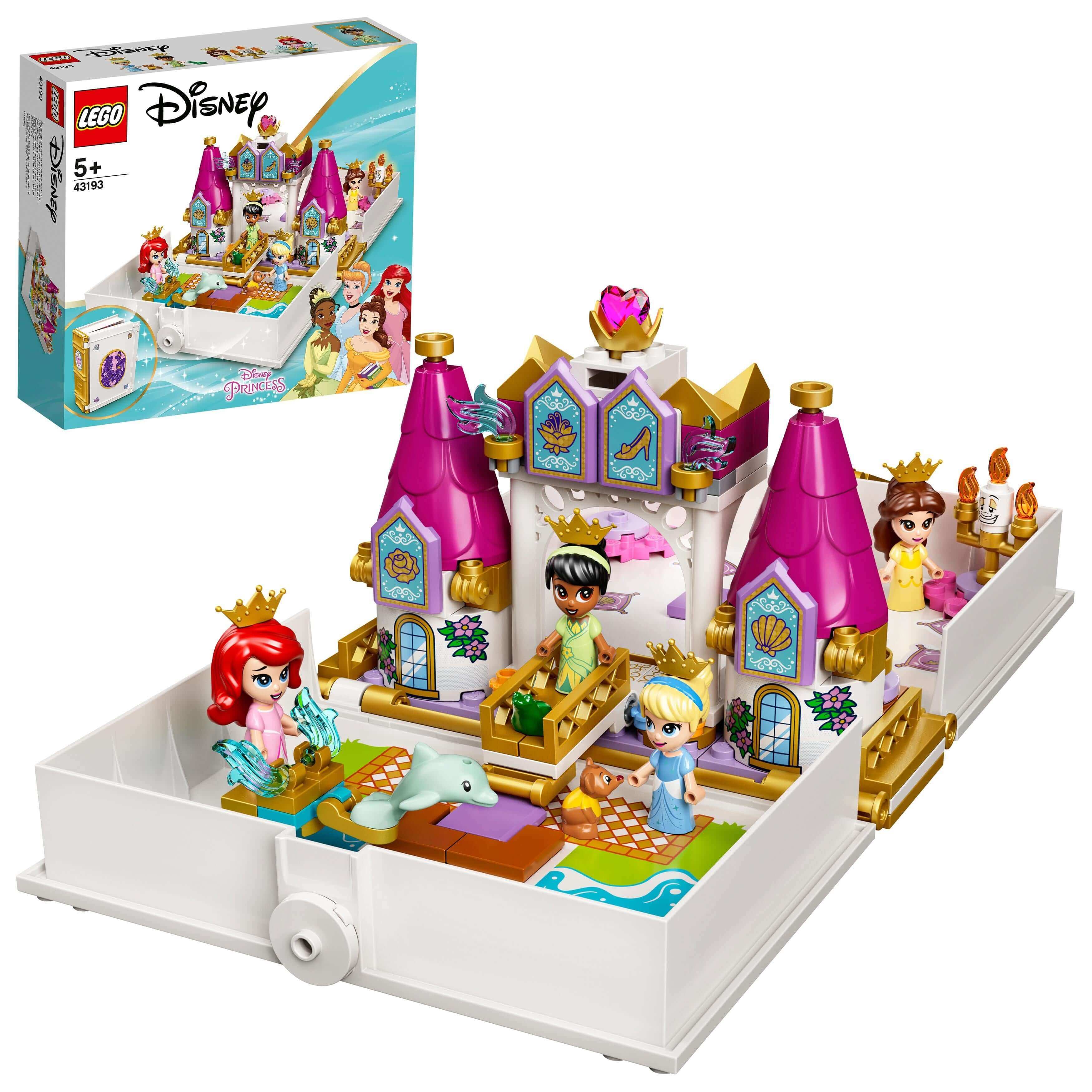 LEGO Disney Storybook Adventures set 43193 with Ariel, Belle, Cinderella, and Tiana micro-doll figures