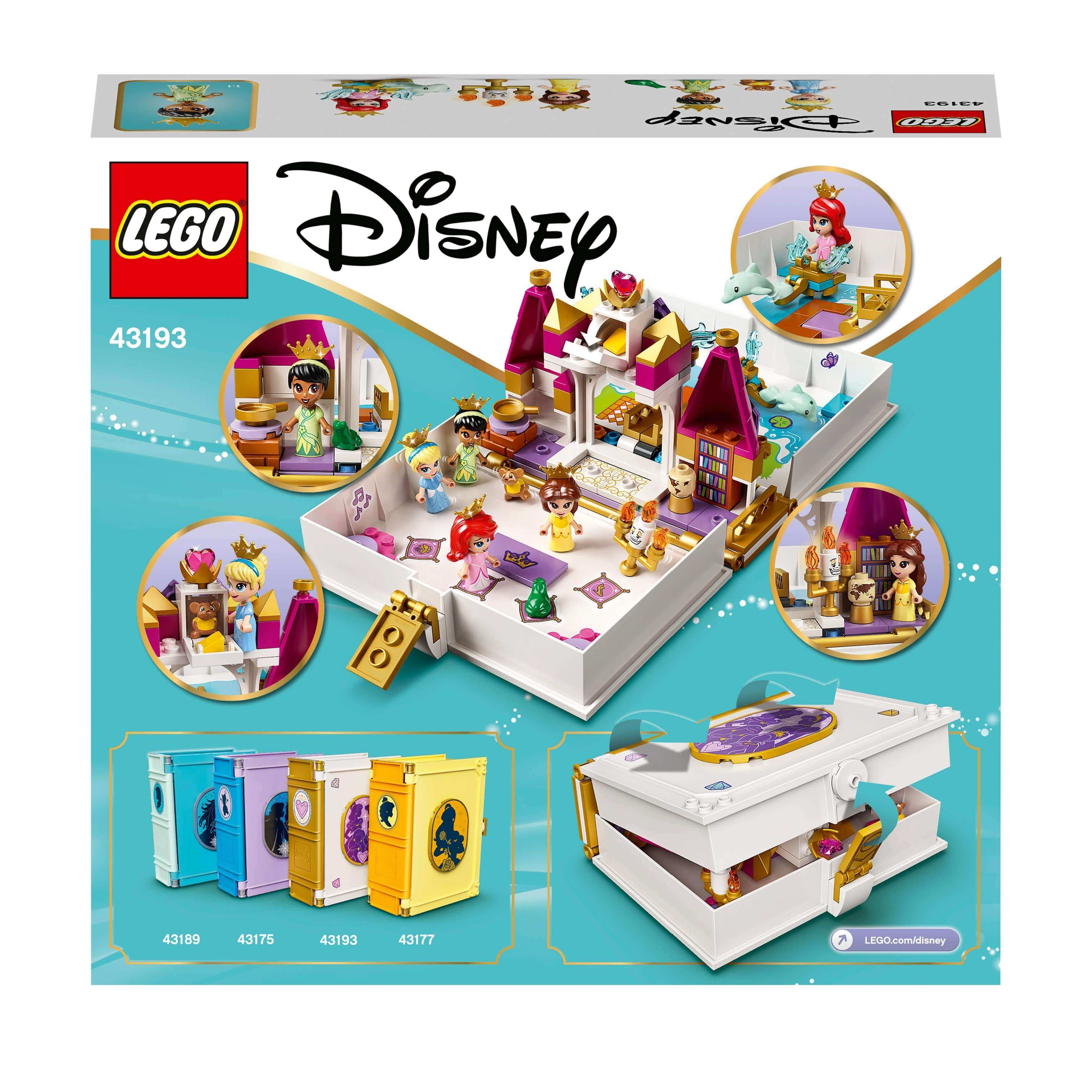 LEGO Disney Princess Storybook Adventures 43193 set with micro-dolls and vivid castle elements.