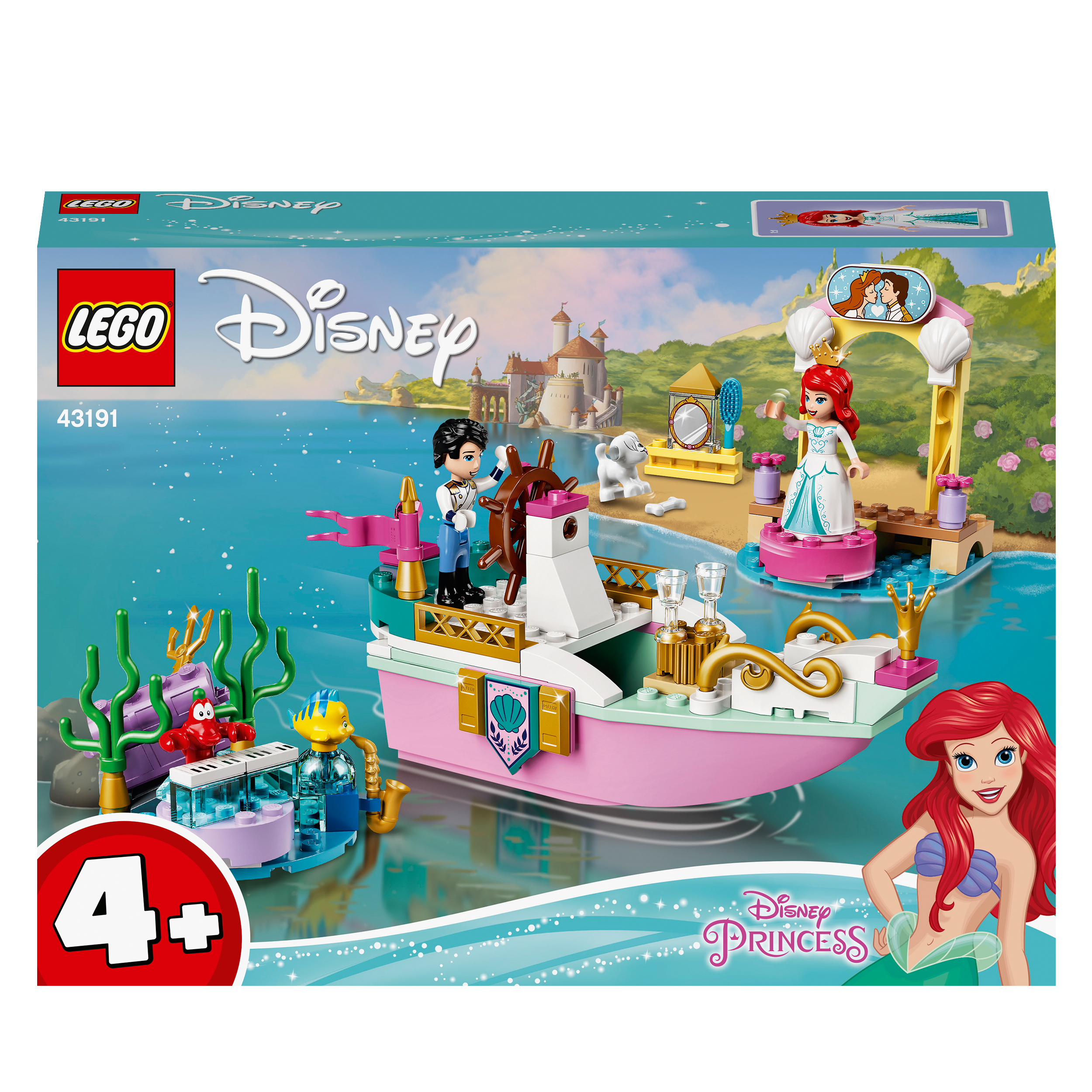 LEGO Disney Ariel’s Celebration Boat Toy 43191 with minidolls, a floating boat, and colorful sea creatures.