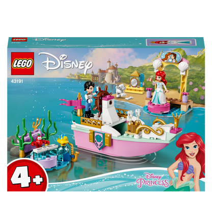 LEGO Disney Ariel’s Celebration Boat Toy 43191 with minidolls, a floating boat, and colorful sea creatures.