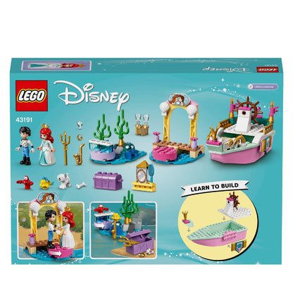 LEGO Disney Ariel’s Celebration Boat Toy 43191 set featuring boat, pier, 2 minidolls, and various figures for creative play.