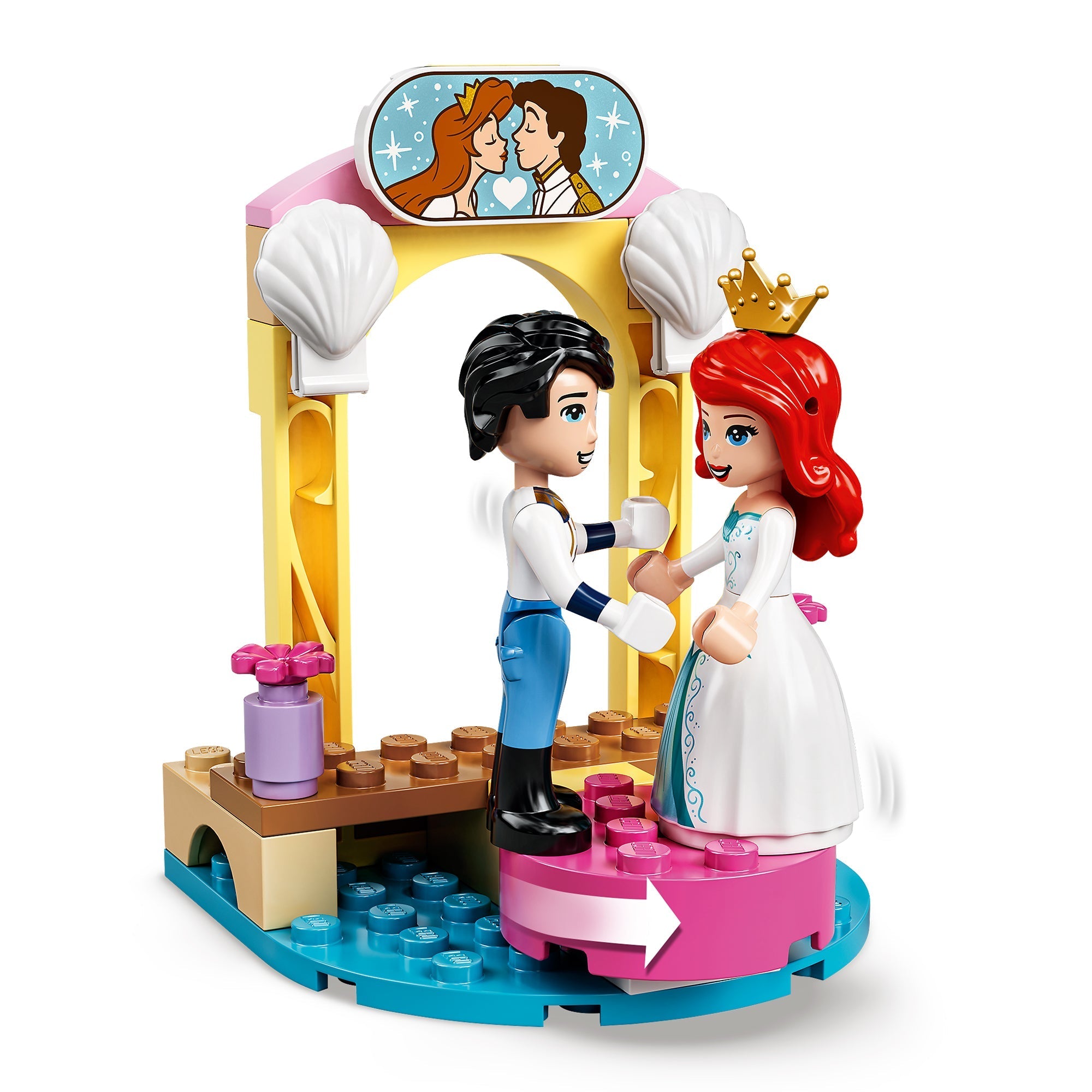 LEGO® Disney Ariel’s Celebration Boat Toy 43191 featuring Ariel and Prince Eric at a wedding scene.