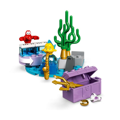 LEGO® Disney Ariel’s Celebration Boat set featuring minifigures, treasure chest, seaweed, and colorful underwater scene.