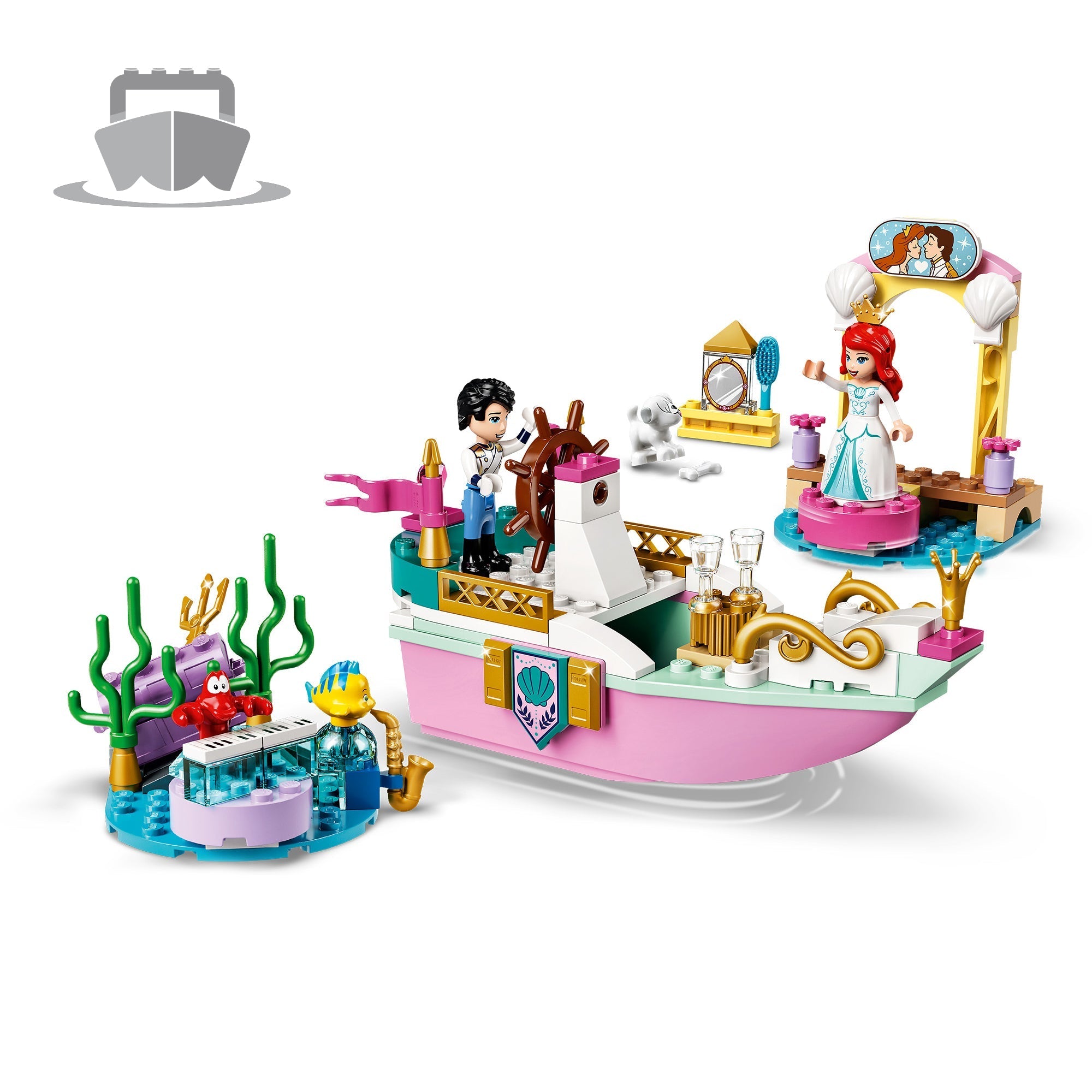 LEGO Disney Ariel's Celebration Boat set with minidoll figures, floating boat, and various sea creatures.