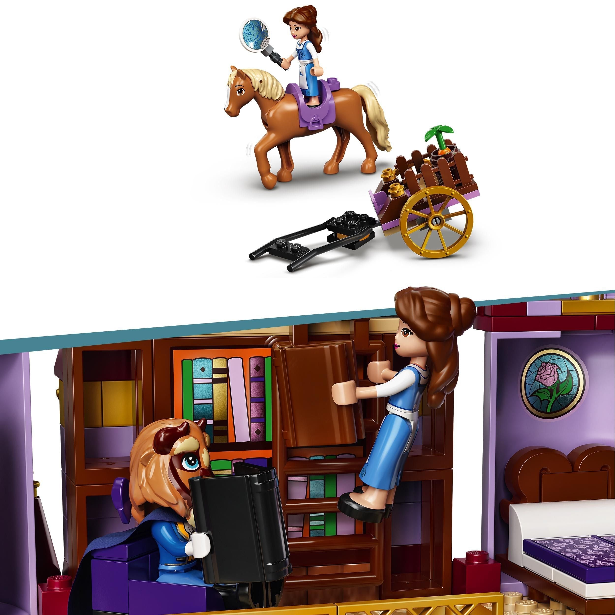 LEGO Disney Belle and the Beast's Castle set with mini-dolls, horse, and cart, showcasing imaginative play.