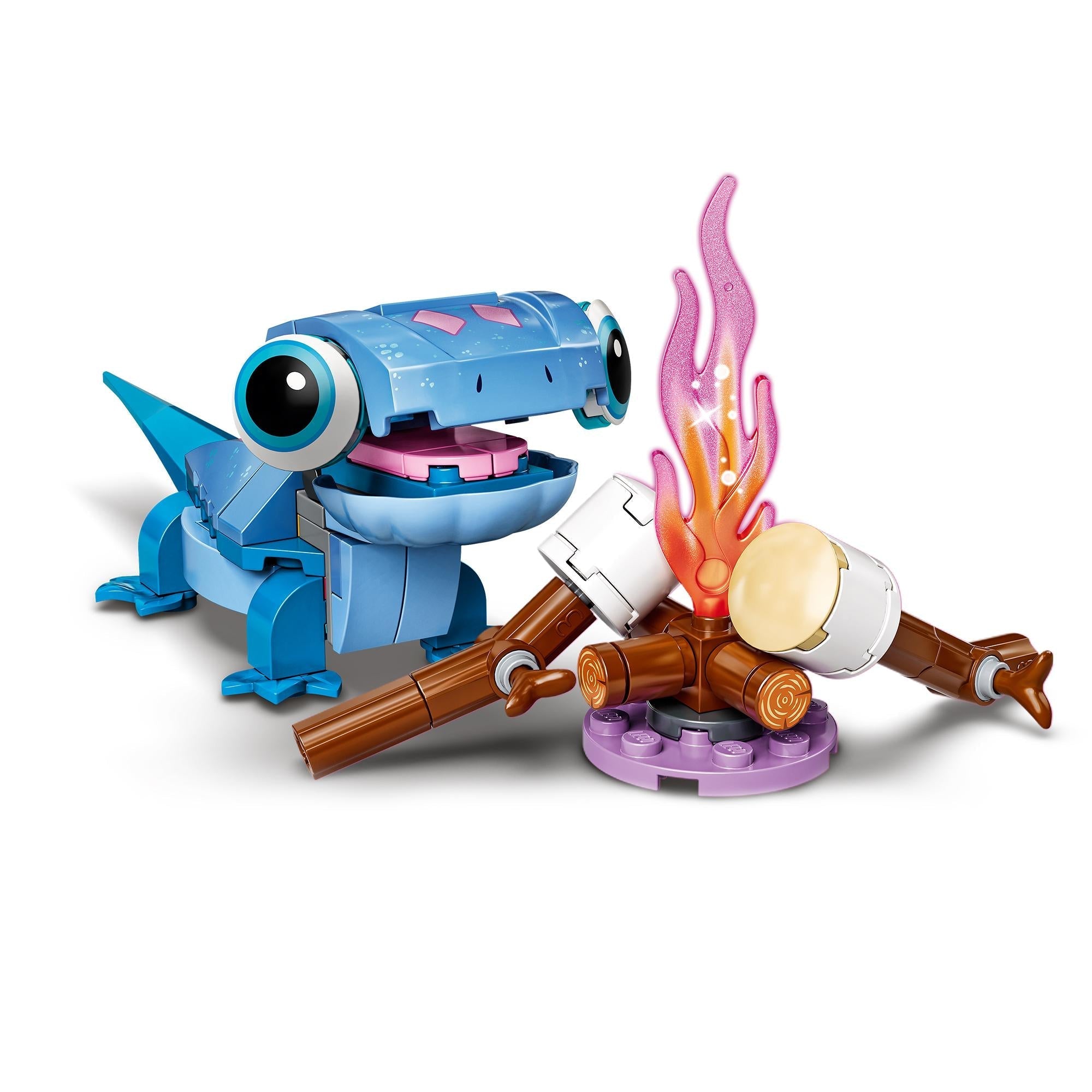 LEGO® Disney Frozen 2 Bruni the Salamander toy in blue with campfire and marshmallows for imaginative play.