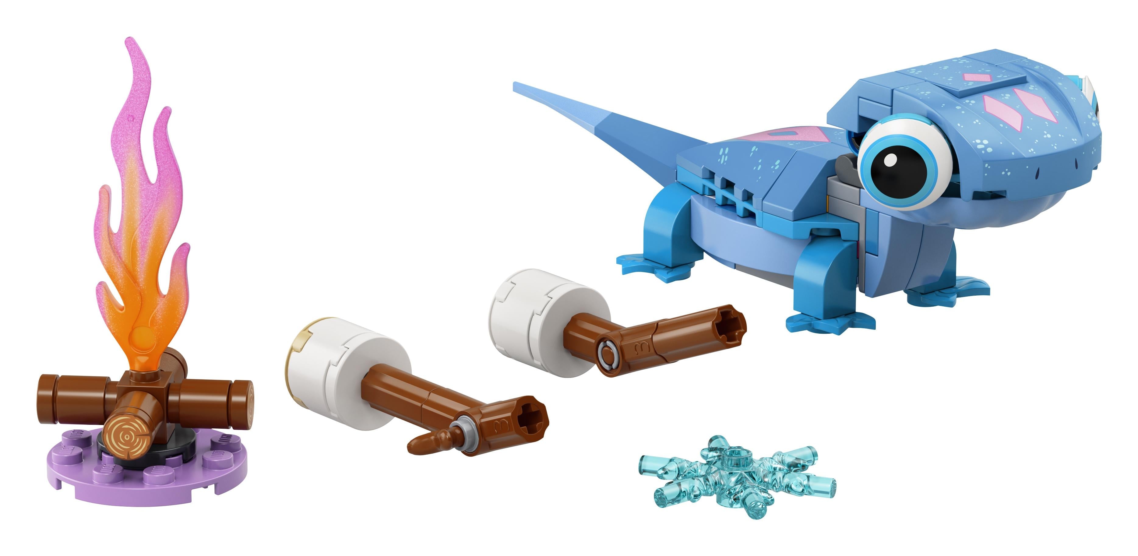 LEGO Disney Frozen 2 Bruni the Salamander Toy 43186 with buildable elements and campfire accessories.