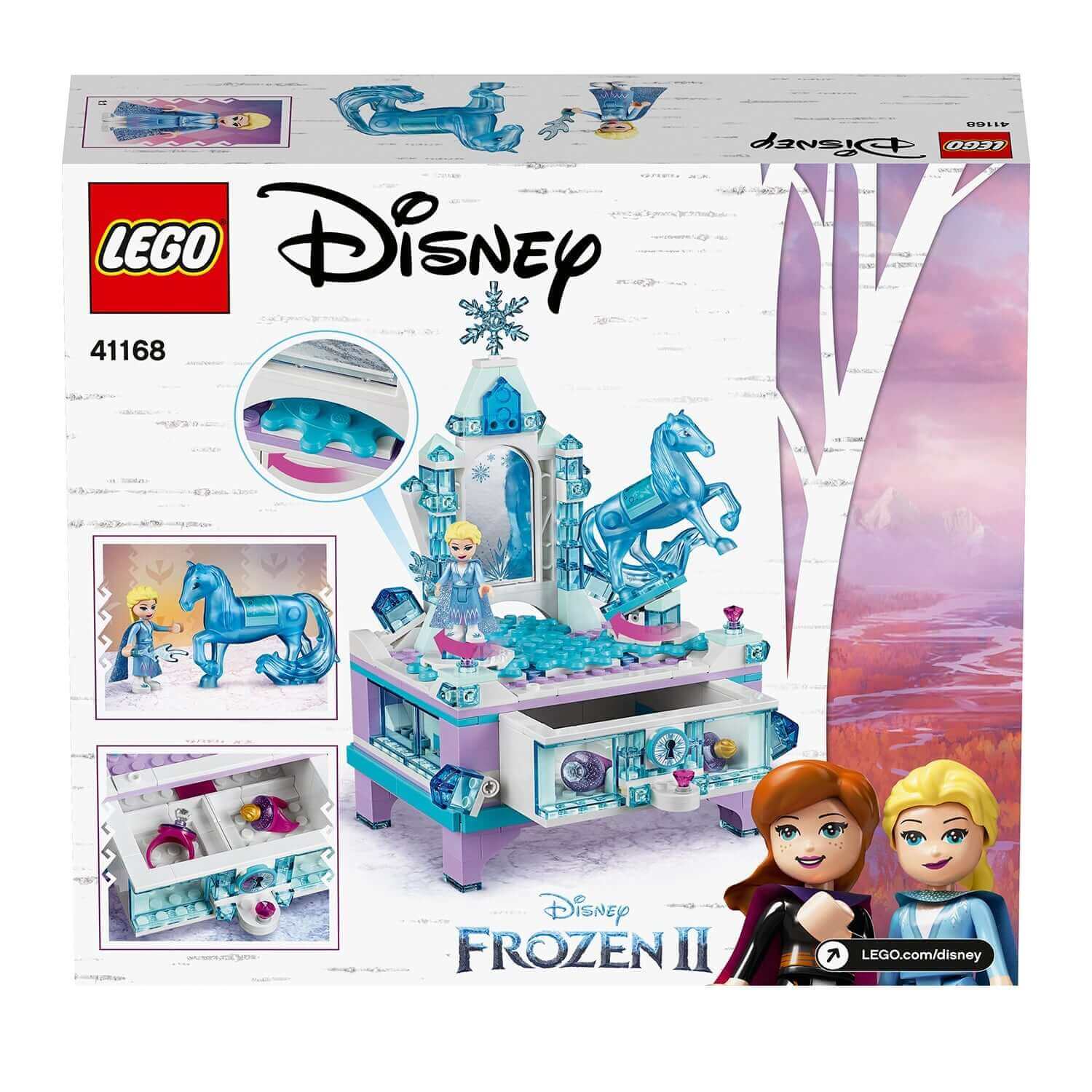 LEGO Disney Frozen 2 Elsa's Jewellery Box Set 41168 with Elsa and Anna mini-dolls, featuring a sparkling jewelry box.