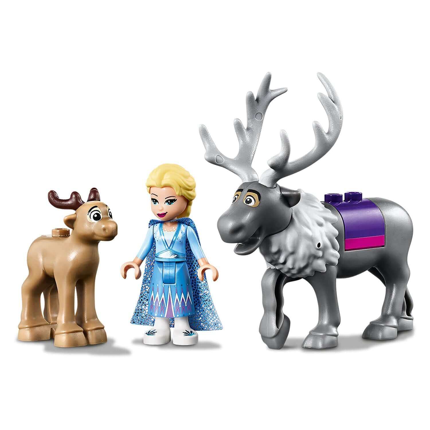 LEGO Disney Frozen 2 Elsa with Sven and a baby reindeer in a playful scene from Elsa's Wagon Adventure 41166.