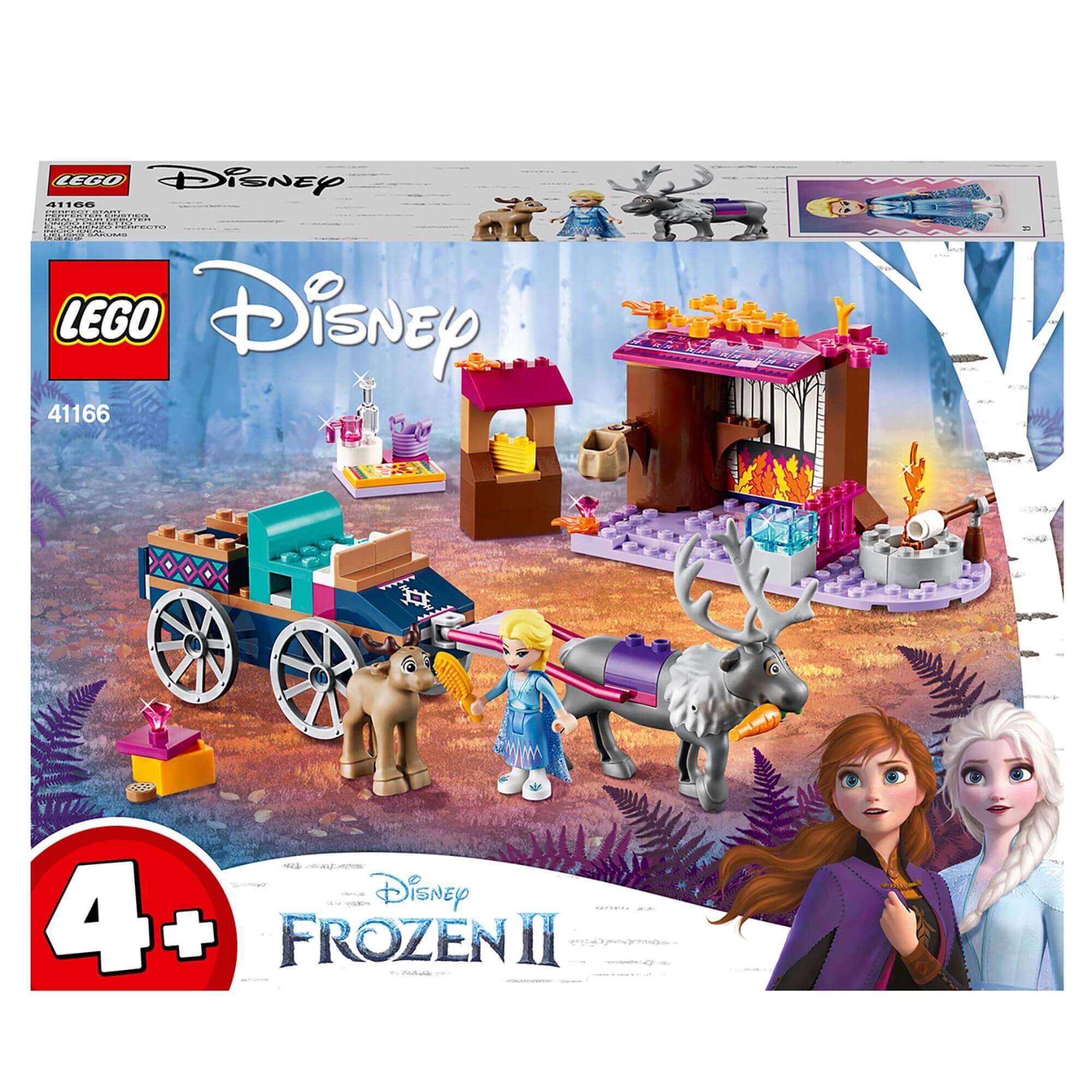 LEGO Disney Frozen II Elsa's Wagon Adventure set 41166 featuring Elsa and Anna with Sven in a magical forest setting.