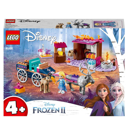 LEGO Disney Frozen II Elsa's Wagon Adventure set 41166 featuring Elsa and Anna with Sven in a magical forest setting.