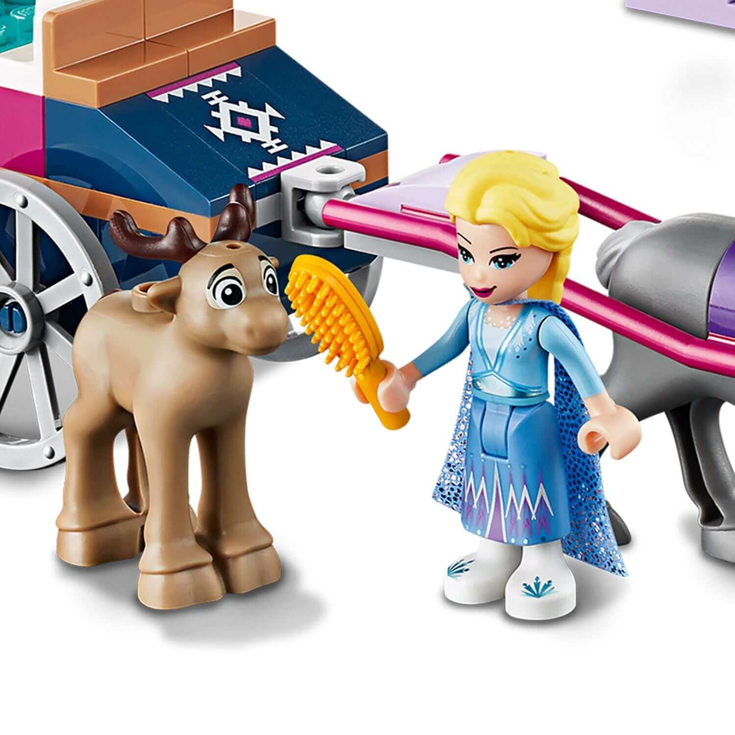 LEGO Disney Frozen 2 Elsa's Wagon Adventure featuring Elsa and Sven the reindeer in vibrant play scene.