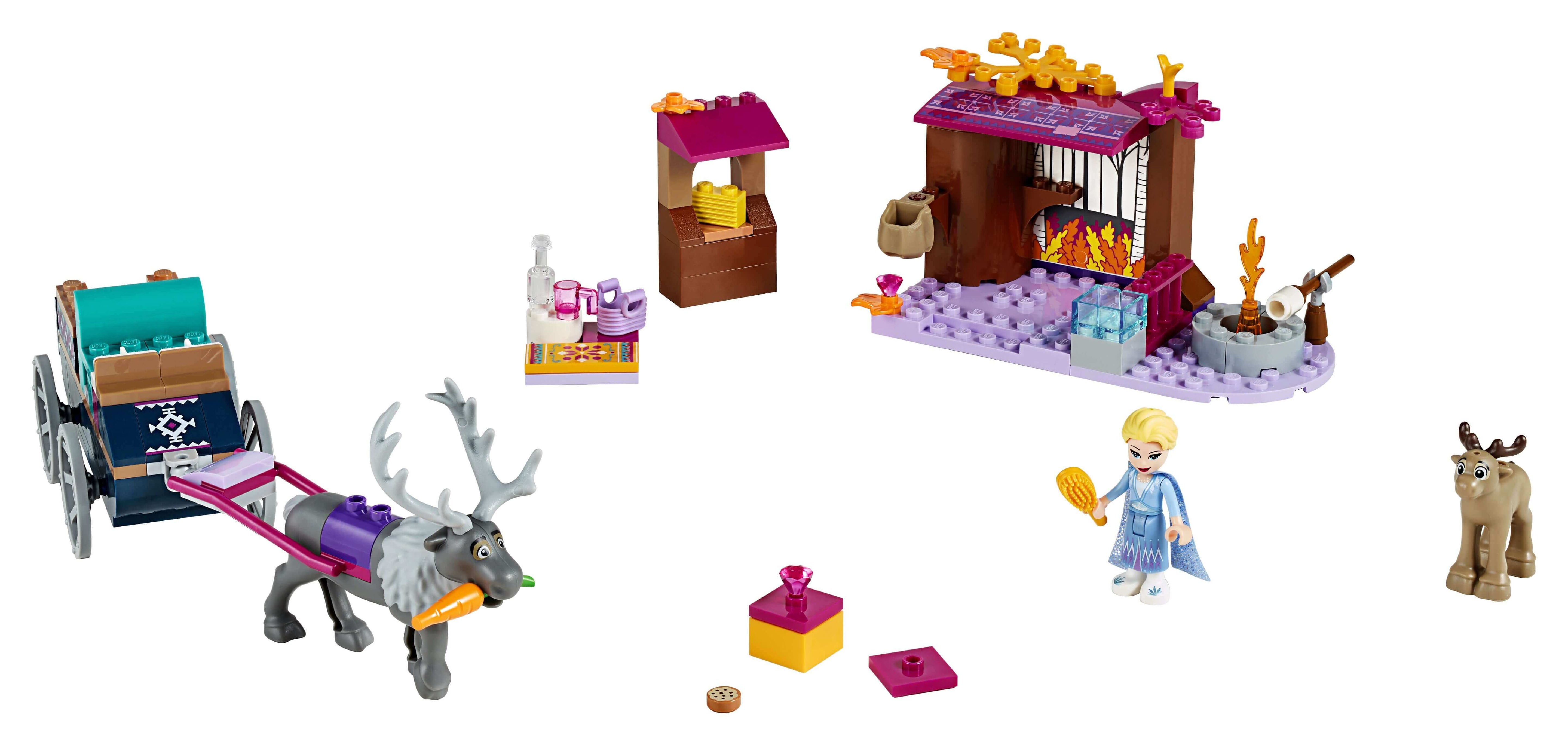 LEGO Disney Frozen 2 Elsa's Wagon Adventure set featuring Elsa, Sven, and a colorful wagon.