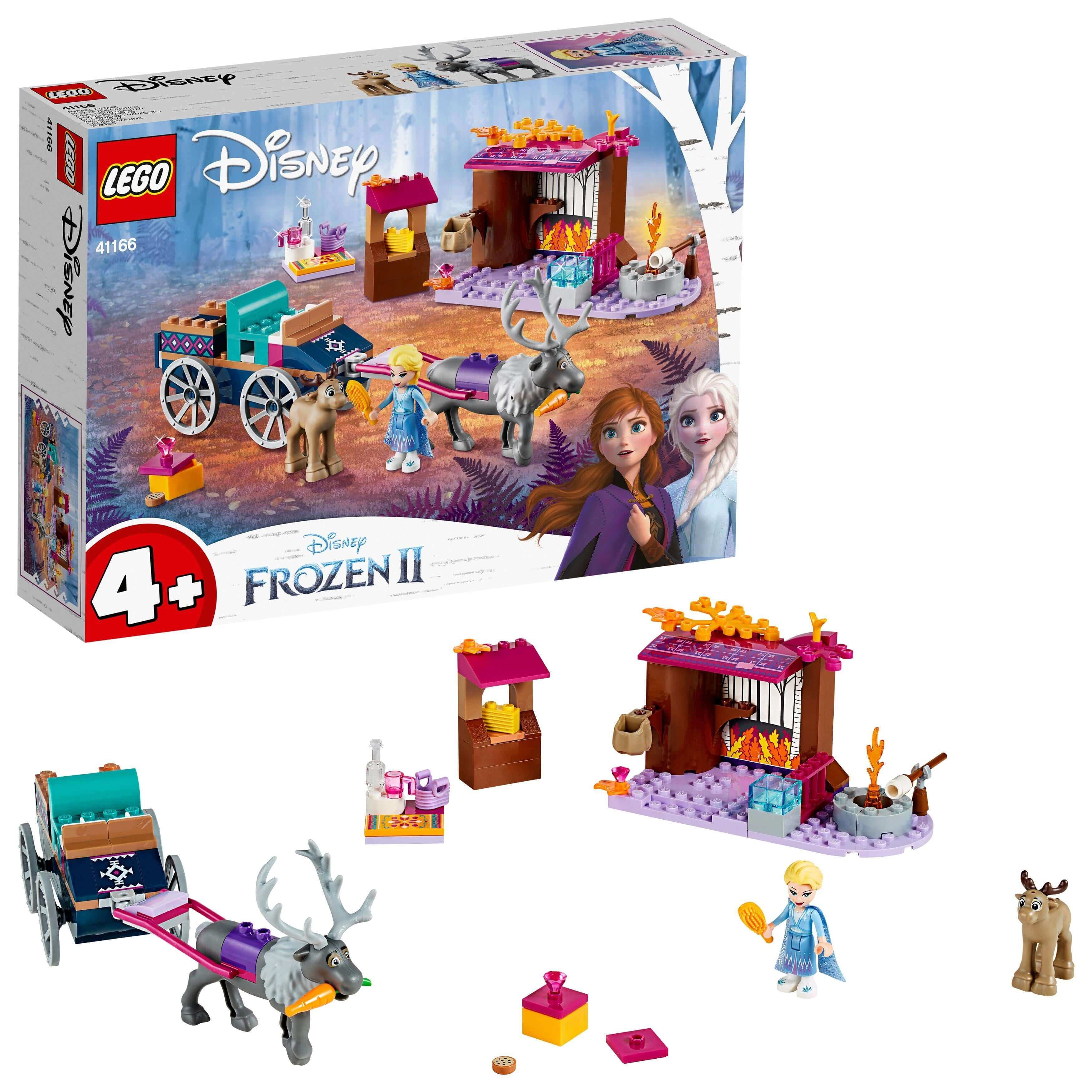 LEGO Disney Frozen 2 Elsa's Wagon Adventure set 41166 with characters, cart, and accessories for kids.