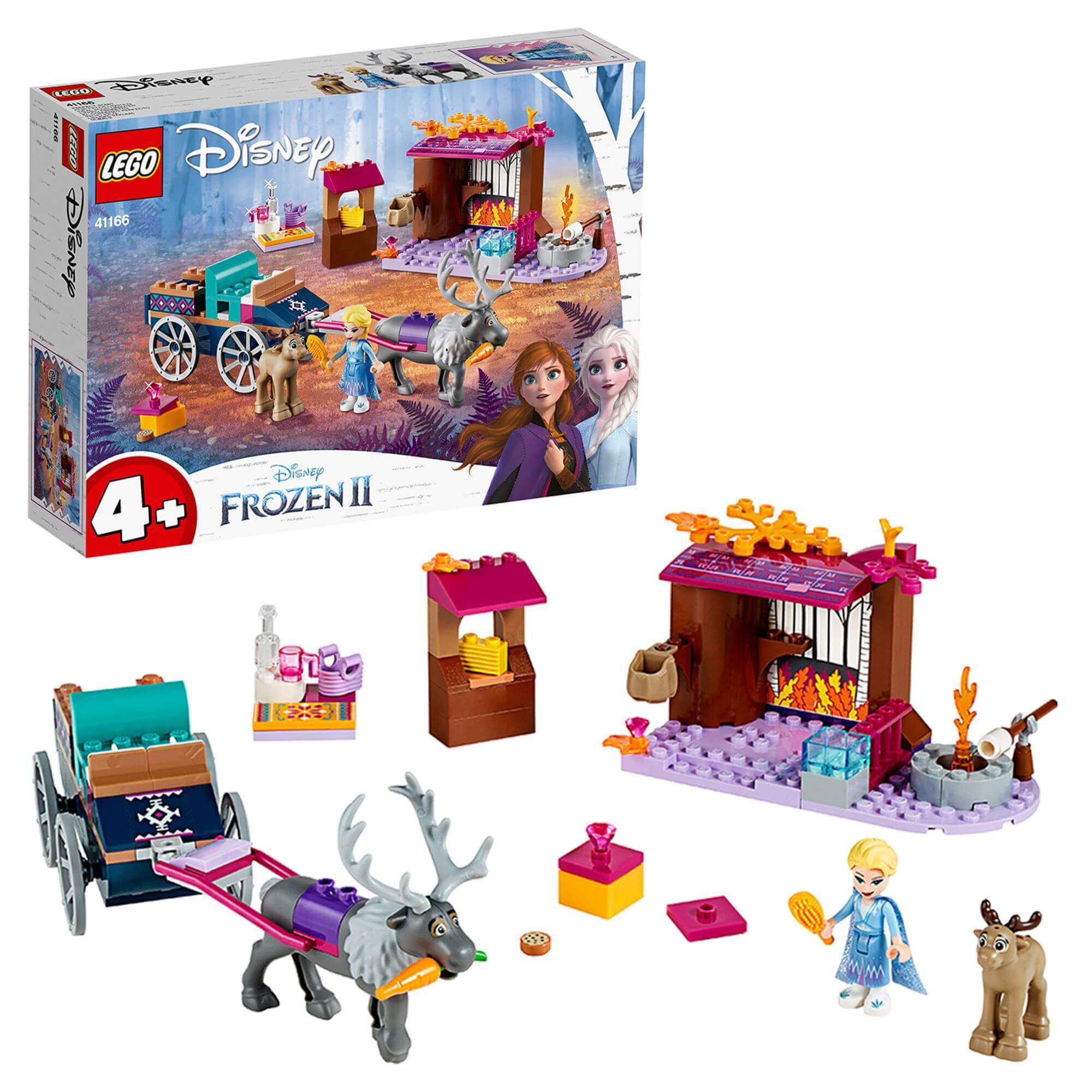 LEGO Disney Frozen 2 Elsa's Wagon Adventure set with characters, wagon, and colorful building elements.